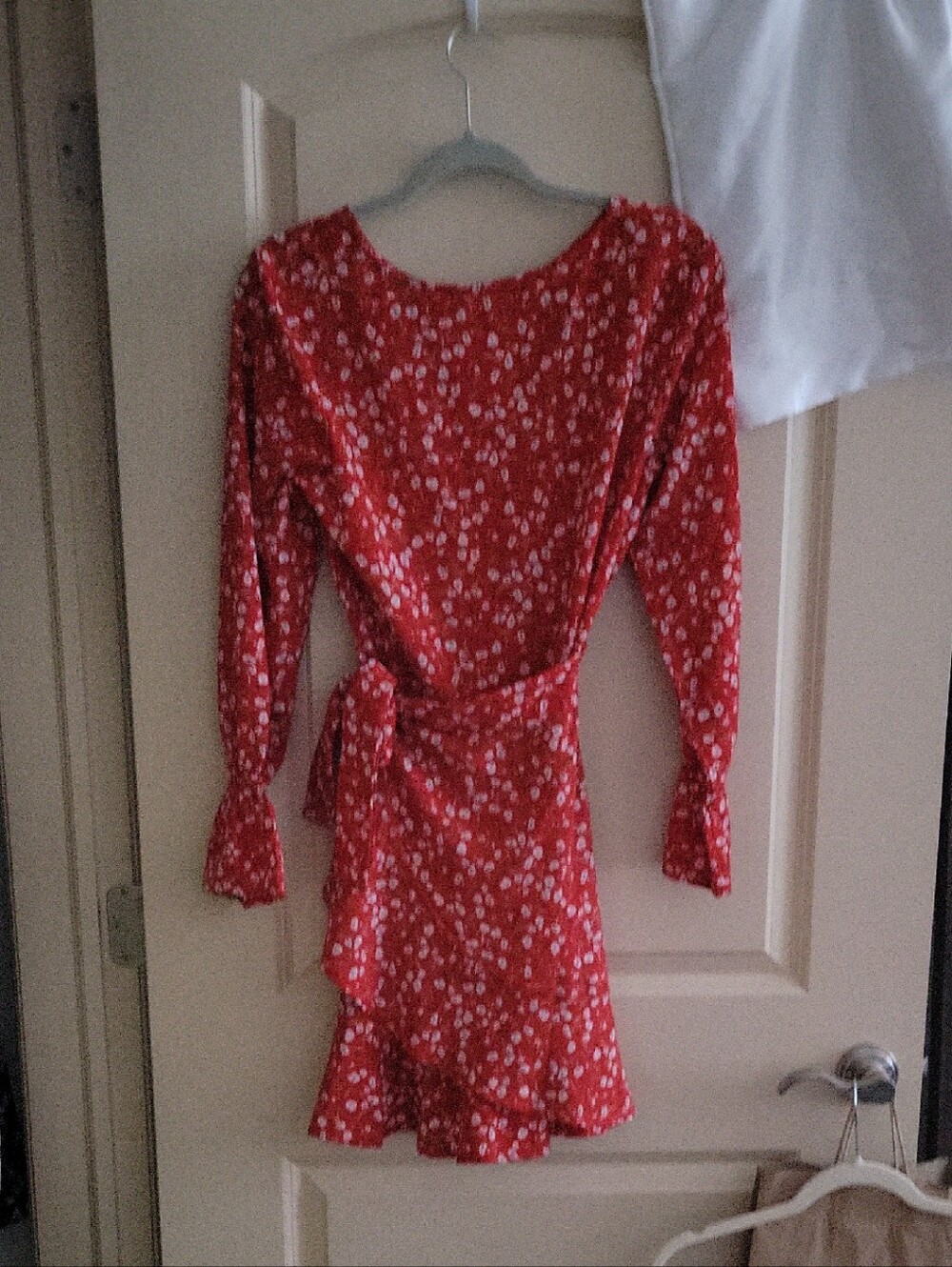 Red Floral Wrap Long-Sleeve Dress with Tie Waist